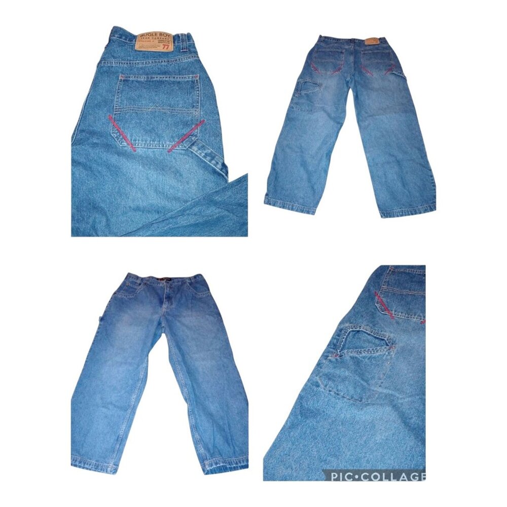 Vintage Bugle Boy 77 Carpenter Wide Leg Jeans Red Stitch Pocket Design EUC 36/30